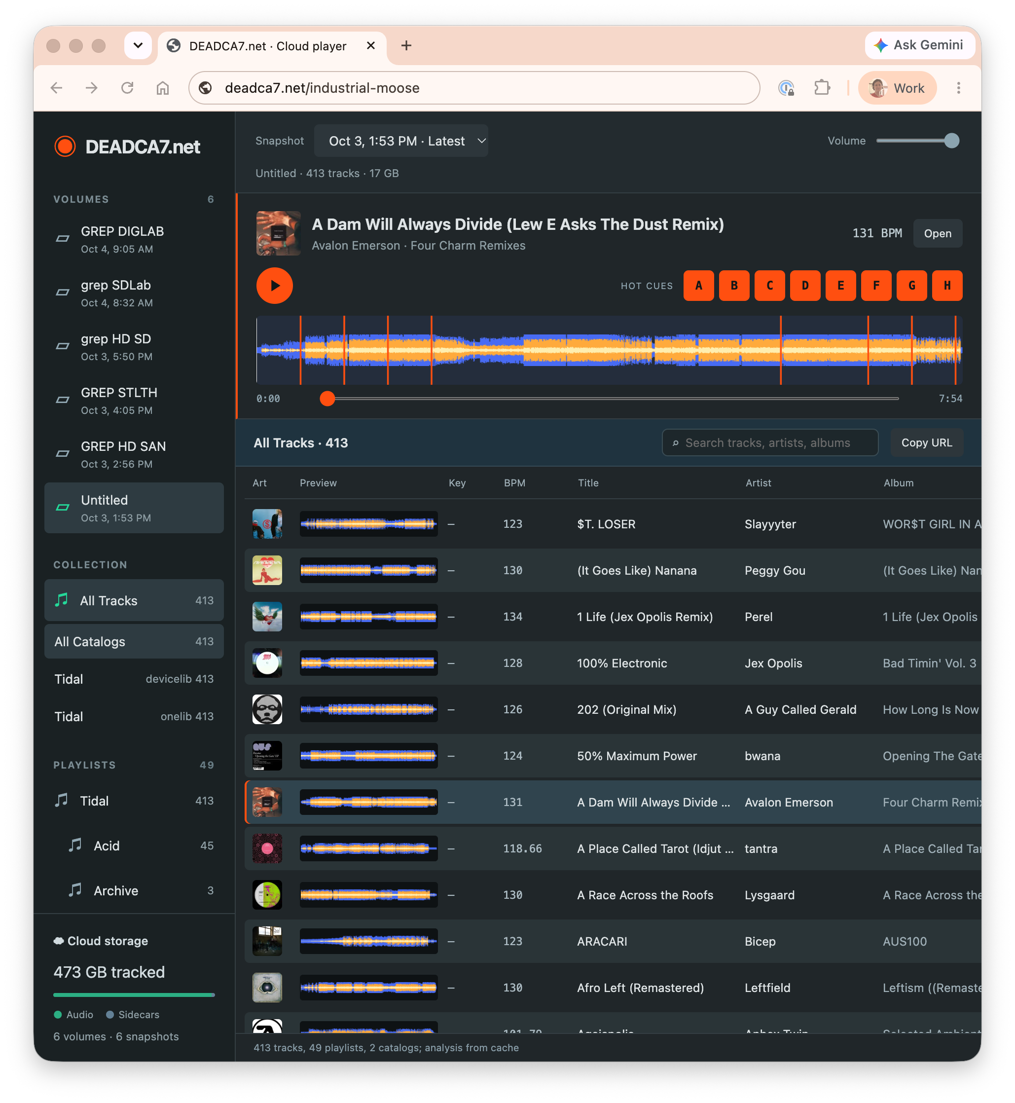 DEADCA7 cloud player browsing backed-up USB drives